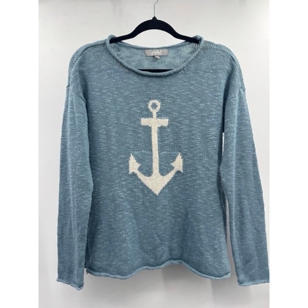 Marled Womens Blue Rolled Neck Anchor Knit Sweater SMALL Nautical Knit Beachy